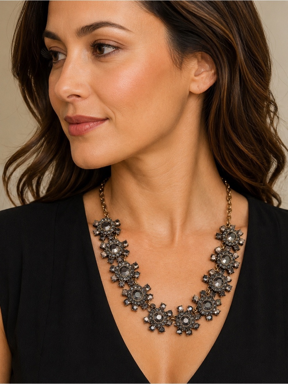 J Crew Vintage Statement Necklace Sparkling Black Rhinestones Floral Clusters